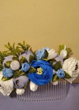 Гребінець з голубими квітами, гребінець в зачіску3 фото