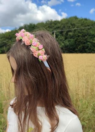 Обруч з рожевими квітами, ободок з квітами для дівчинки6 фото