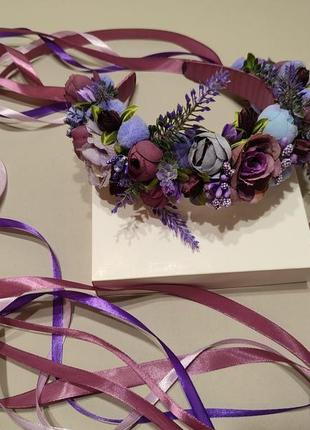 Обруч з фіолетовими квітами, обруч з лавандою,ободок зі стрічками1 фото