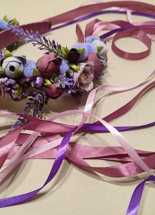 Обруч з фіолетовими квітами, обруч з лавандою,ободок зі стрічками6 фото