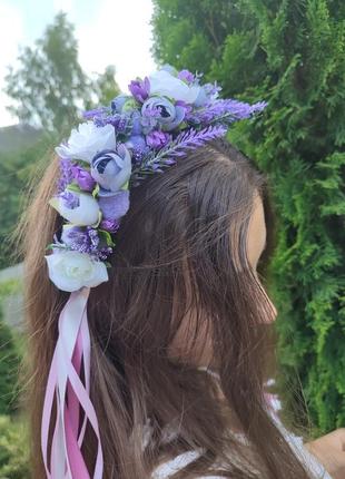 Обруч з фіолетовими квітами, ободок зі стрічками1 фото
