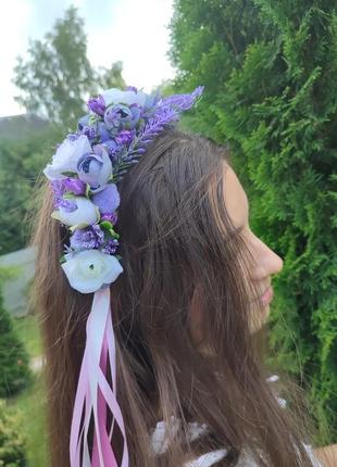 Обруч з фіолетовими квітами, ободок зі стрічками3 фото