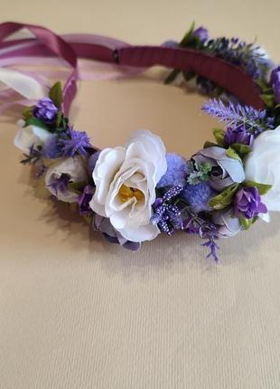 Обруч з фіолетовими квітами, ободок зі стрічками6 фото