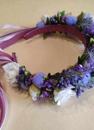 Обруч з фіолетовими квітами, ободок зі стрічками5 фото