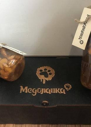 Медовый подарочный набор (ореховое ассорти500+кешью200). мед пчелиный разнотравье и подсолнух2 фото