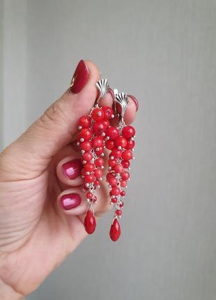 Серьги серебряные с красным кораллом3 фото
