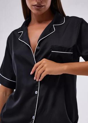 Женский костюм шорты и рубашка, домашняя одежда, пижама черная с белой окантовкой3 фото