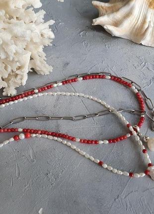 Сет чокеров "коралл и жемчуг"