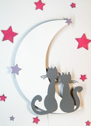 Нічник місяць з котиками в зірках для дитячих кімнат, комплект1 фото