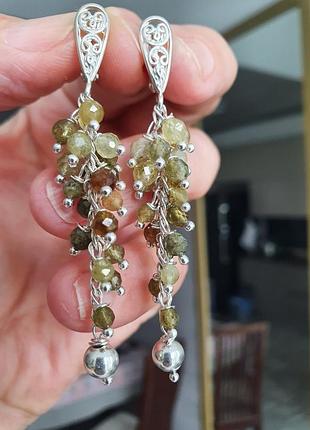 Серьги серебряные "зеленый гранат" гроссуляр