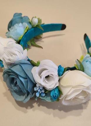 Обруч з голубими квітами,ободок з квітами для волосся3 фото