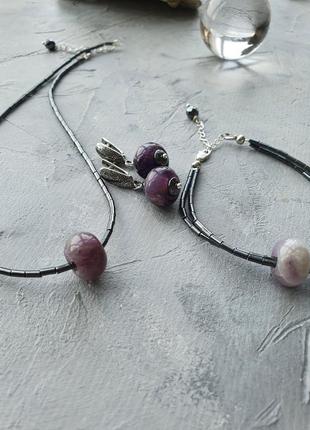 Комплект ′аметист и гематит ′ чокер, браслет и серьги