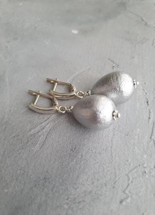 Сережки срібні &lt;unk&gt; сірі бавовняні перли4 фото