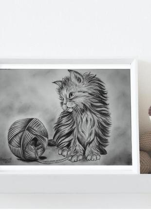 Рисунок карандашом:"котик с мотком ниток"3 фото