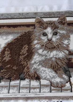 Вишивка картина бісером кіт на піаніно