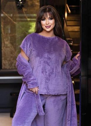 Супер теплый домашний костюм тройка халат+кафта+брюки фиолетовый3 фото