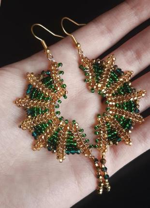 Зелено-золоті сережки з бісеру і намистин2 фото