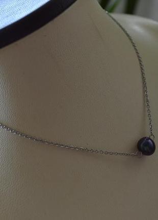 Чокер - ланцюжок срібляста з перлиною "тенеріфе"3 фото