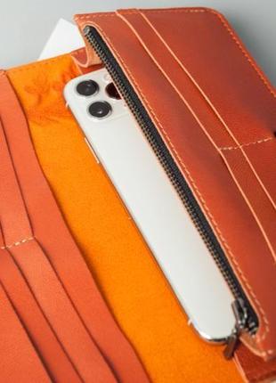Удобный кожаный кошелек длинный женский с орнаментом тиснение оранжевый9 фото