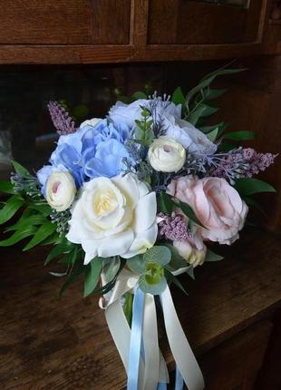 Свадебный букет с голубой гортензией , искусственные цветы