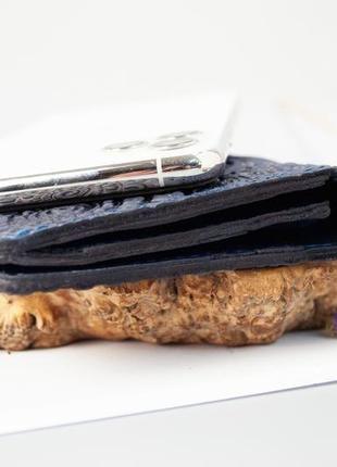 Удобный кожаный кошелек длинный женский с орнаментом тиснение темно-синий2 фото