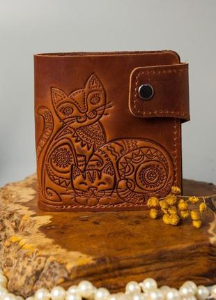 Маленький шкіряний гаманець з совою на 10 відділів (має монетницу і прозорий) з тисненням світло-кор1 фото