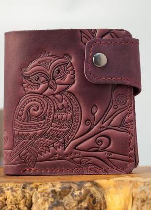 Шкіряний гаманець з совою на 10 відділів (має монетницу і прозорий) з тисненням бордовий1 фото