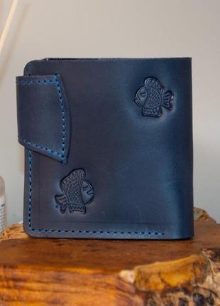 Шкіряний гаманець з котами на 10 відділів (має монетницу і прозорий) з тисненням синій7 фото
