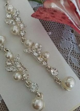 Довгі весільні сережки з перлинами, айворі2 фото
