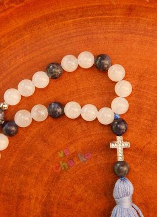 Католицькі чотки, розарій, чотки із содалиту та кварцу, чотки на 54 намистини, чотки з хрестиком5 фото