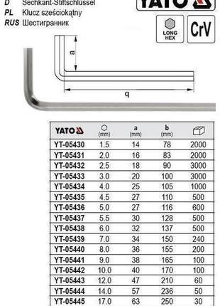 Ключ 6-гранний г-подібний hex м6 32х140 мм yato yt-05438