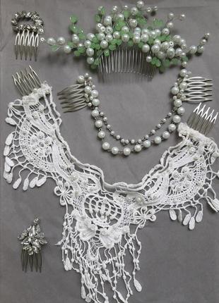 Подвійний гребінь весільна прикраса з мережива з перлами бохо наречена альтернатива фаті вінтаж5 фото