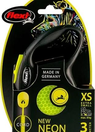 Flexi (флексі) new neon xs - повідець-рулетка світловідбивна для собак, трос (3 м, 8 кг) жовтий2 фото