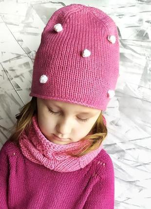 Розовая детская шапочка, комплект шапка снуд , шапка с горошками1 фото