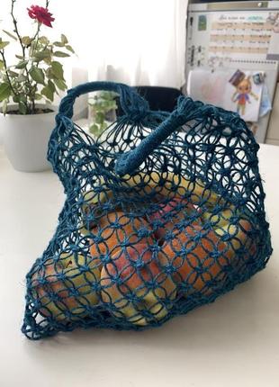 Макраме авоська  з джутових ниток синього кольору еко торба маркет бег  еко сумка2 фото