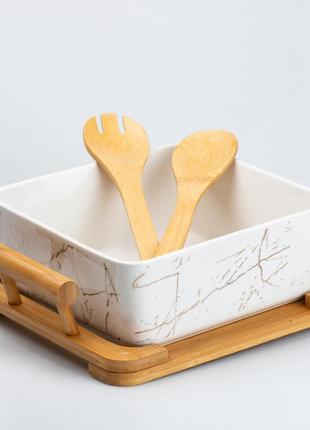 Блюдо для сервірування столу керамічне прямокутне з дерев'яними приладами та підставкою4 фото