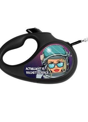 Поводок-рулетка для собак waudog r-leash, рисунок "космос. ракетостроение", светоотражающая лента, m, до 25 кг, 5 м черный