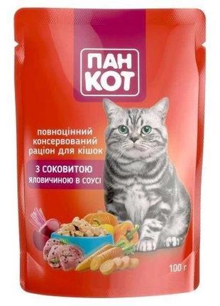 Корм влажный пан кот для кошек с говядиной в соусе, пауч, 100 г
