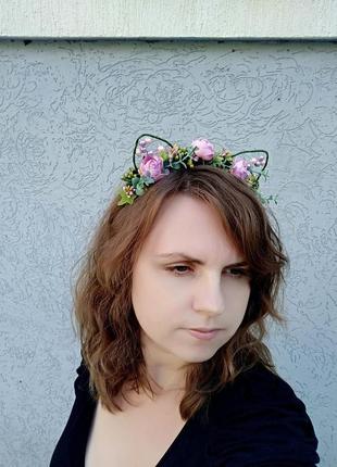 Квіткові вушка з евкаліптом на обідку обруч кішечки на голову прикраса для волосся на день народження10 фото