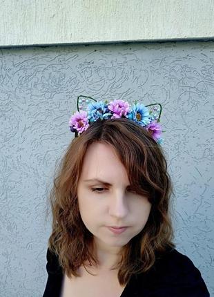 Цветочные кошачьи ушки на ободке обруч для волос украшение девушке в подарок венок на голову6 фото