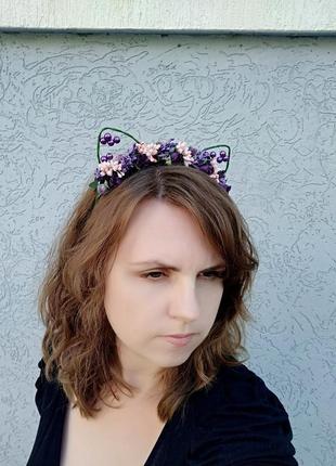 Квітковий обруч для волосся котячі вушка на обідку фіолетове прикраса дівчині на голову подарунок8 фото