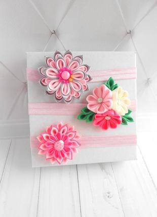 Набор розовых повязок для девочки подарок на годик для малышки красивые цветочные повязки на голову3 фото
