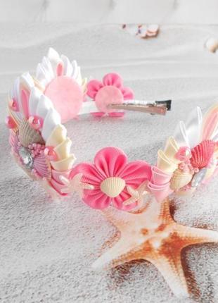 Розовая корона русалки для фотосессии ободок тиара на голову обруч для волос подарок девочке4 фото
