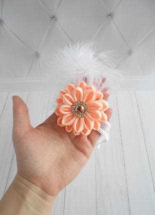 Красивая персиковая повязка для малышки цветочное украшение на голову подарок на годик девочке2 фото