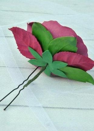Бордовый пион свадебная шпилька заколка с цветком пион марсала3 фото