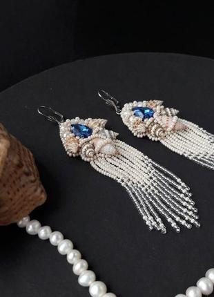 Сережки з черепашками і кристалами, весільні сережки, бежеві сережки, сережки-пензлики, бісерні сережки3 фото