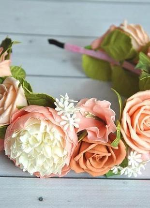 Обруч с цветами персиковые розы пион ободок для волос в персиковых тонах4 фото