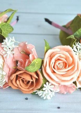 Обруч с цветами персиковые розы пион ободок для волос в персиковых тонах6 фото