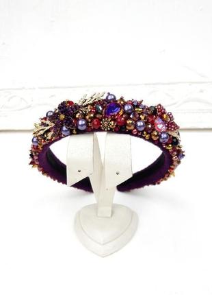 Обруч с искусственным жемчугом, кристаллами и бусинами, фиолетовый ободок, пурпуная тиара невесты8 фото