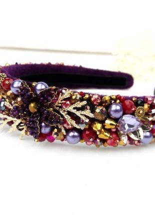 Обруч с искусственным жемчугом, кристаллами и бусинами, фиолетовый ободок, пурпуная тиара невесты6 фото